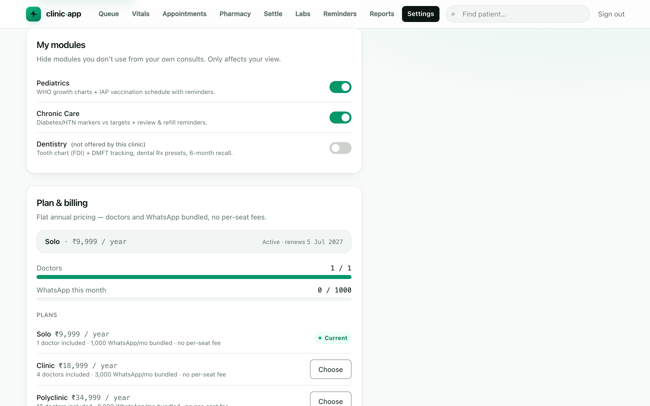 Plan & billing — current plan, doctor and WhatsApp usage meters, and the flat annual plans