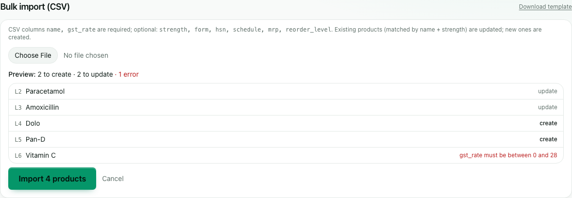 Bulk product import — a per-row preview of creates, updates and a flagged error before writing