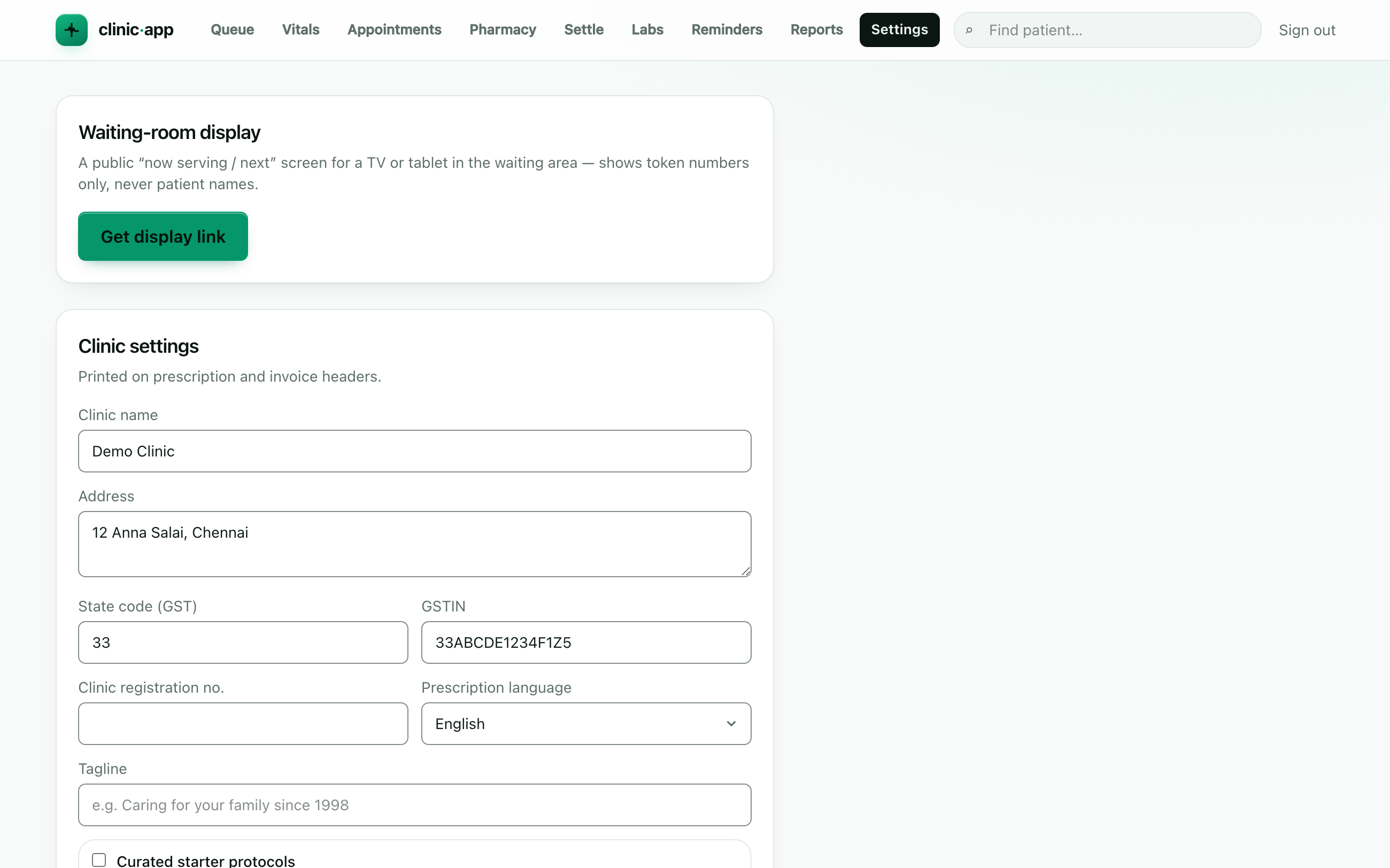 Clinic settings — name, address, GST state code and GSTIN, prescription language