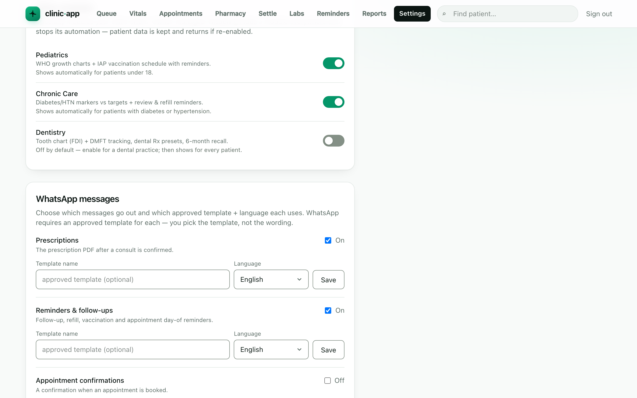 WhatsApp message settings — per message type on/off with approved template and language